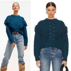 Equipment Femme Amira Sweater Deep Lagoon Blue Fringe Chunky Knit Wool Cashmere